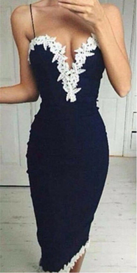 Navy Blue Spaghetti Straps Mermaid Lace Simple Homecoming Dresses