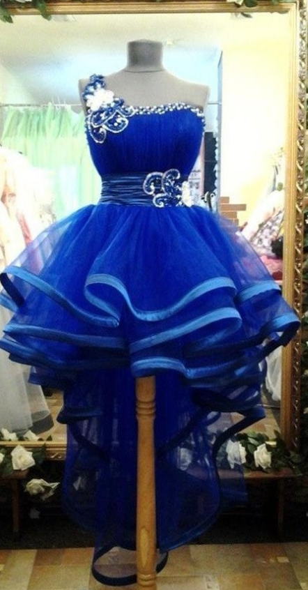 Pretty One Shoulder Royal Blue Tulle Handmade Homecoming Dresses