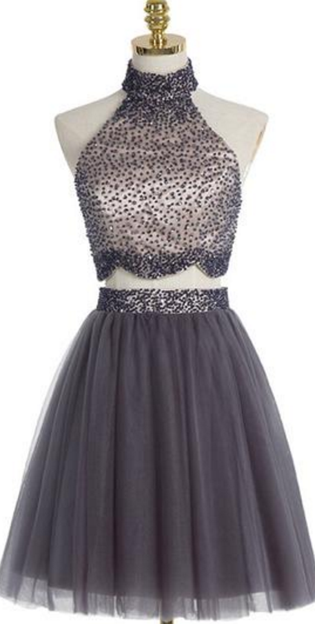High Neck Beading Homecoming Dresses, Two Pieces Homecoming Dresses, Tulle Homecoming Dresses, Sexy Homecoming Dresses, Charming Homecoming
