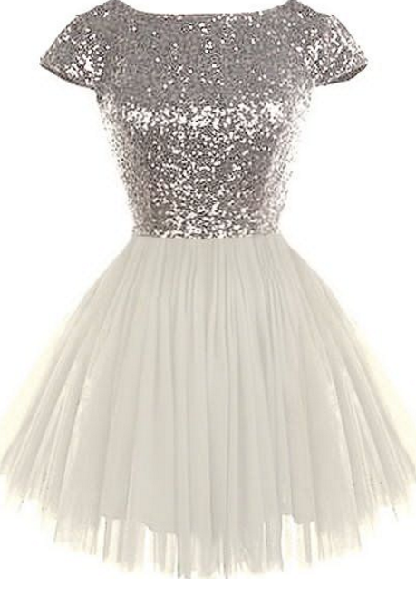 Round Neck Silver Sequin Homecoming Dresses, Cap Sleeve Homecoming Dresses, White Tulle Homecoming Dresses, Charming Homecoming Dresses,