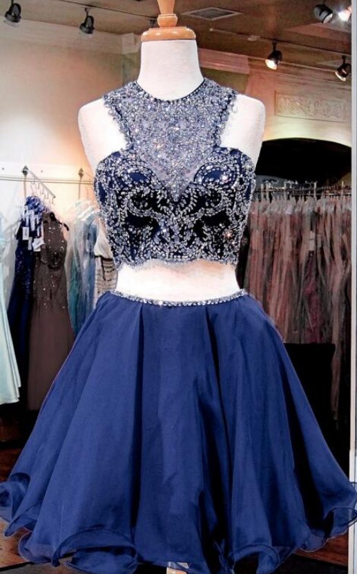 Two Pieces Navy Homecoming Dresses, Luxury Rhinestone Homecoming Dresses, Navy Homecoming Dresses, Popular Homecoming Dresses, Short Prom