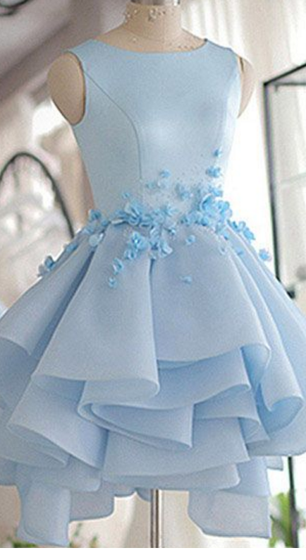 Sky Blue Homecoming Dress,a-line Scoop Neck Prom Dress,satin Tulle Short Flowers Original Prom Dresses,mini Dress