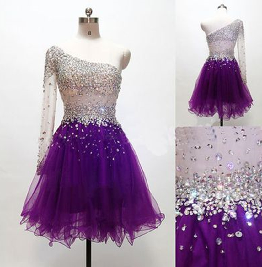 Homecoming Dresses,one Shoulder Homecoming Dresses,crystal Homecoming Dresses,short Homecoming Dresses,purple Homecoming Dresses,tulle Homecoming