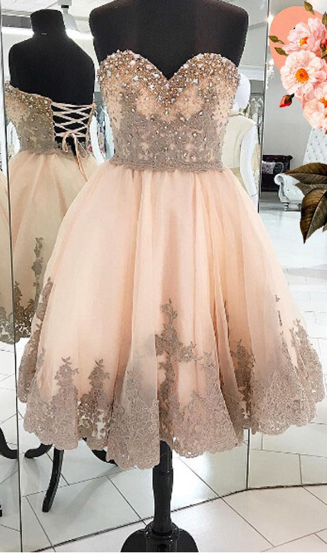 Peach Homecoming Dress With Appliques, Beading Homecoming Dresses,sweetheart Homecoming Dress,short