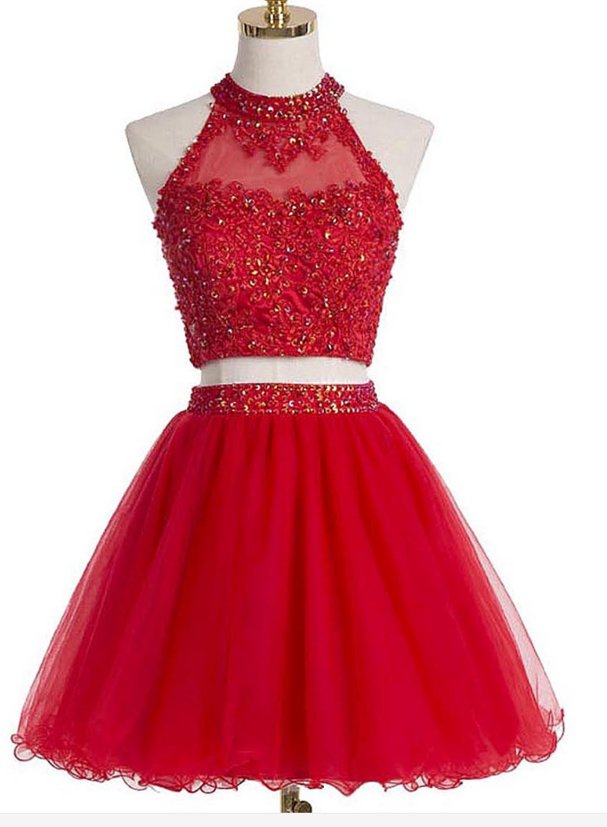 Lovely Red Homecoming Dresses, Two Piece Homecoming Dresses, Homecoming Dresses 2017, Short Party Dresses, Mini Homecoming Dresses, Applique