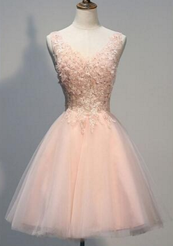 Pink Lace Homecoming Dresses, V-neck Homecoming Dresses, Tulle Homecoming Dresses, Cute Homecoming