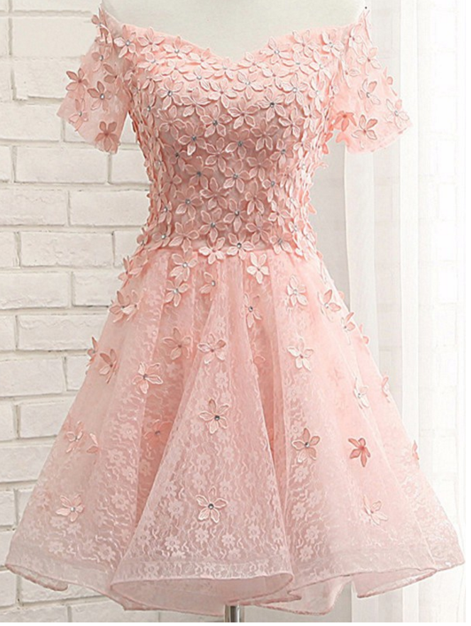 Pink Floral Appliquéd And Beaded Embellished Lace Off-the-shoulder Short Homecoming Dress