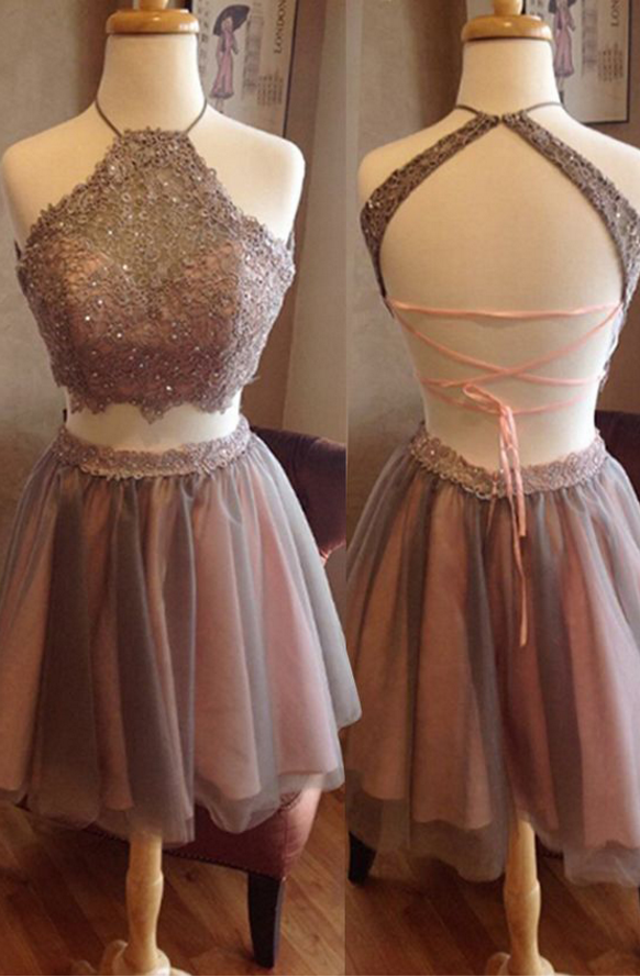 Two Pieces Homecoming Dresses,halter Homecoming Dresses,lace Homecoming Dress,short Prom Dresses,party