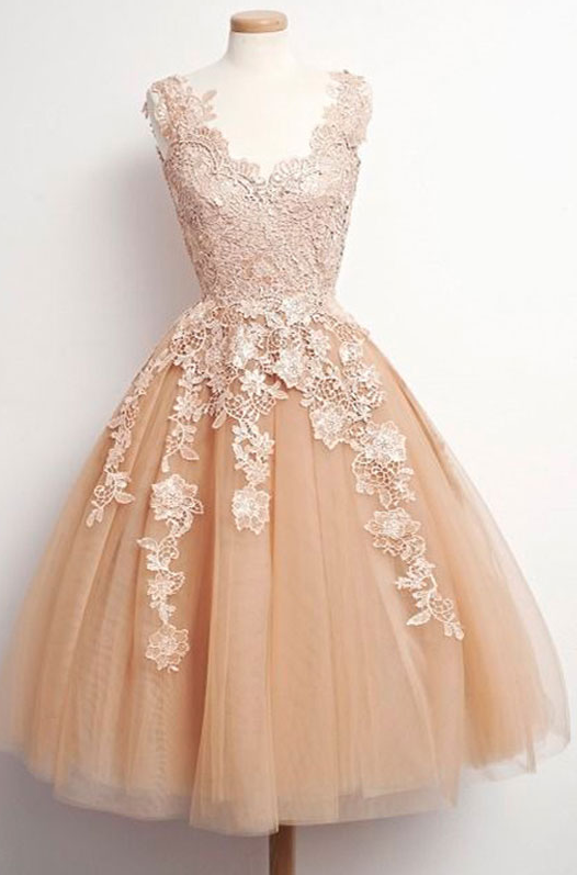A-line V-neck Tulle Homecoming Dresses,champagne Lace Homecoming Dresses,homecoming Dresses,2017