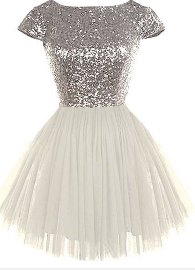 Round Neck Silver Sequin Homecoming Dresses, Cap Sleeve Homecoming Dresses,  White Tulle Homecoming D on Luulla