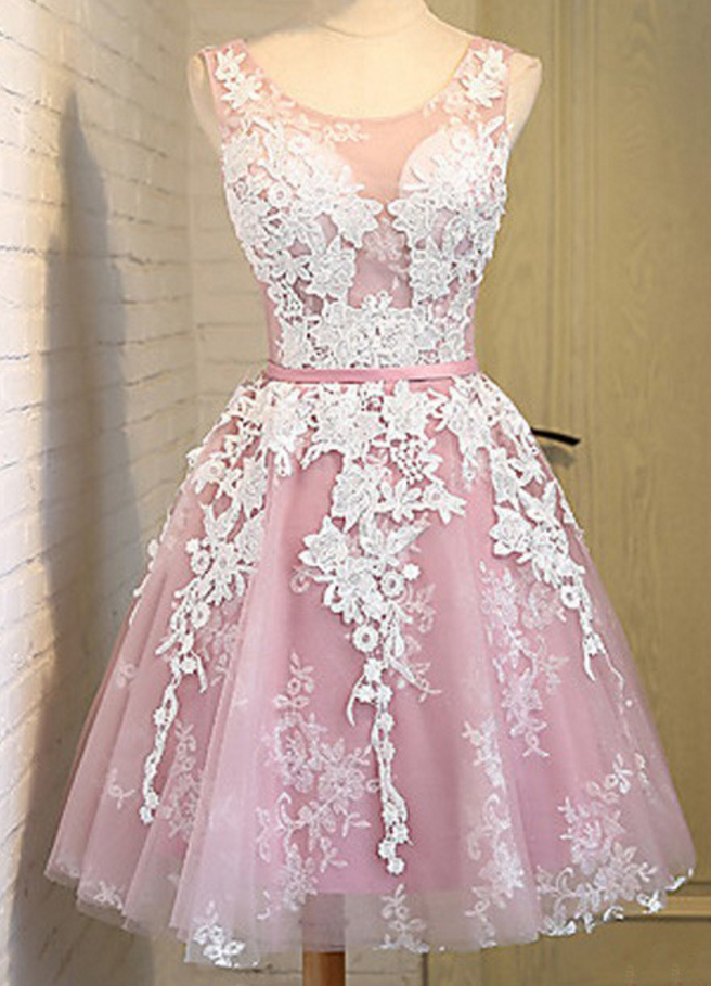 Pink Homecoming Dresses With White Lace, Round Neck Homecoming Dresses, Organza Homecoming Dresses, Lace