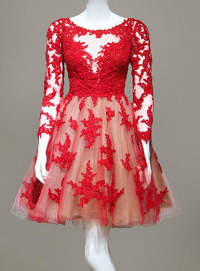 Red Lace Homecoming Dress,long Sleeve Homecoming Dresses