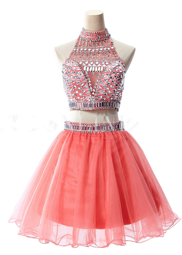Beaded Embellished Two-piece Homecoming Dress Featuring High Halter Cropped Top With Cutout Back And Short Tulle Skirt