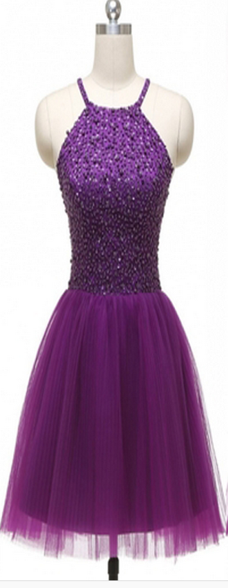 Purple Beaded Homecoming Dress,halter Short Homecoming Dresses