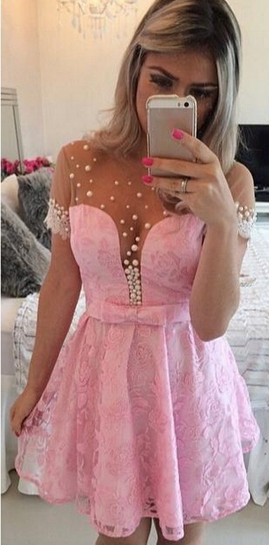 Short Sleeve Homecoming Dress,pink Pearls Homecoming Dresses