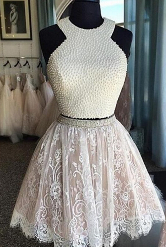 Halter Pearl Beaded Two-piece Lace Short Homecoming Dress, Party Dress, Prom Dress