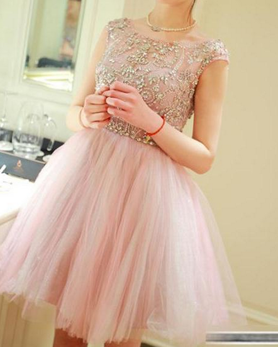 open lace back dress Simple Pleated Pink and Ivory Homecoming Dresses Beaded Mini Homecoming  Dress ARD1748