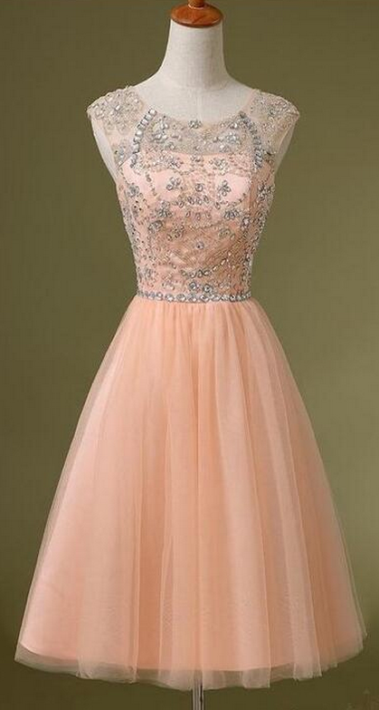 Pink Tulle Homecoming Dresses, Rhinestone Homecoming Dresses, Cute Homecoming Dresses, High Quality
