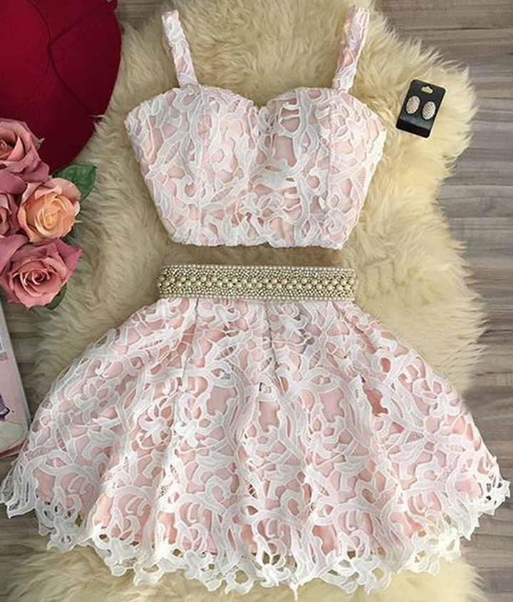 Fashion Two Piece A-line Spaghetti Straps Lace Homecoming Dress With Beading