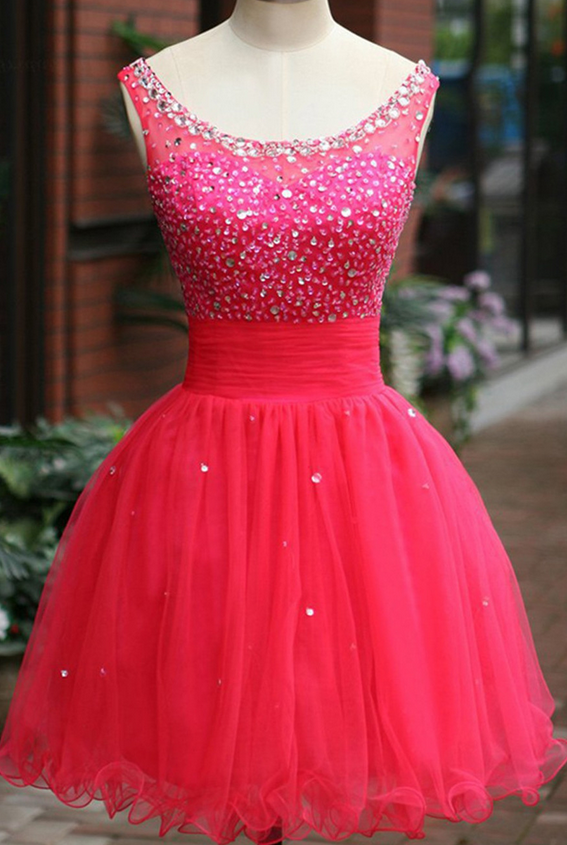 Homecoming Gown,tulle Beaded Homecoming Dresses,scoop Mini Fuchsia Homecoming Dress With Crystal