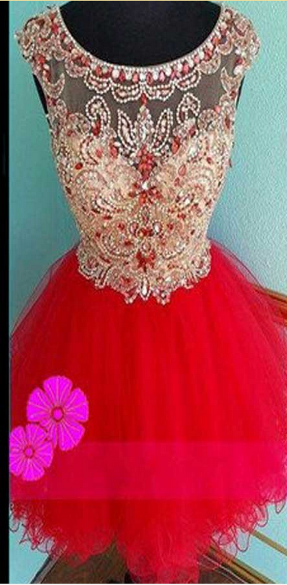 Luxury See Through Rhinestone Red Organza Homecoming Dresses, SF0055