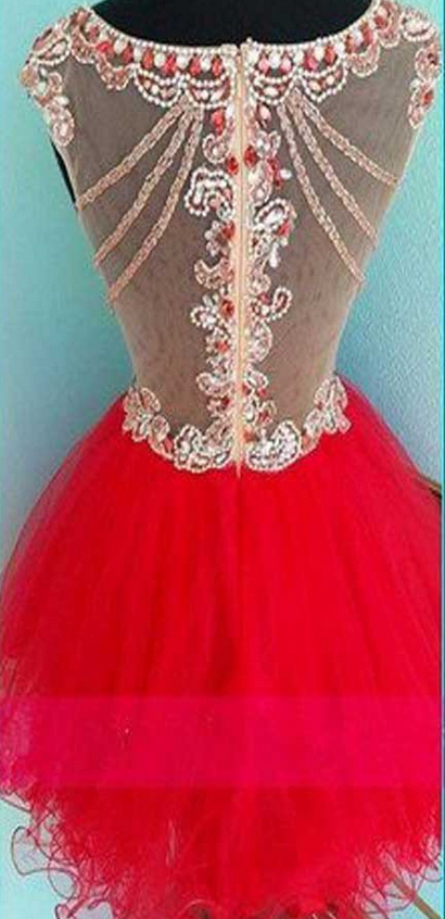 Luxury See Through Rhinestone Red Organza Homecoming Dresses, SF0055
