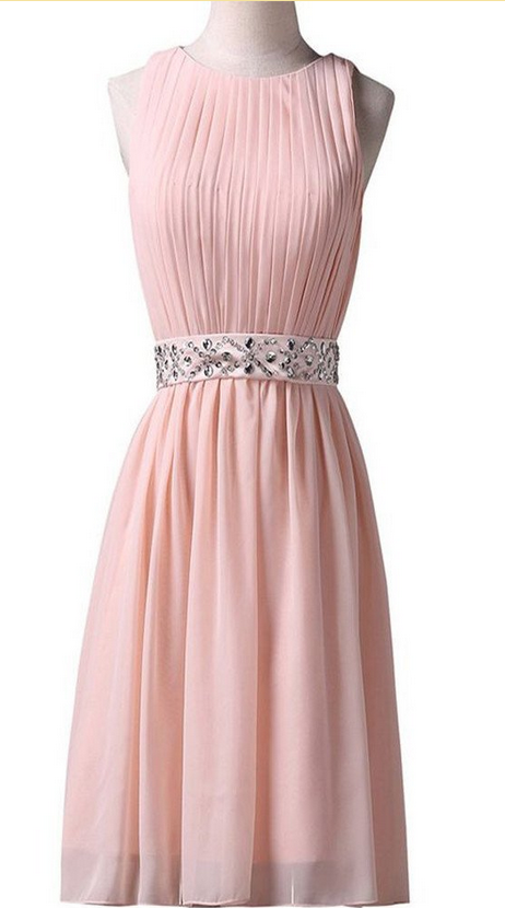 Light Pink Jewel Sleeveless Chiffon Lace Up Back Homecoming Dresses, Sf0084
