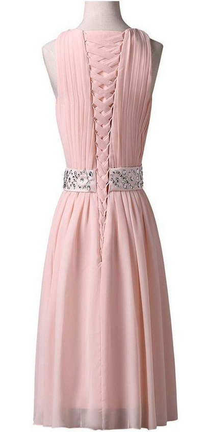 Light pink Jewel Sleeveless chiffon lace up back homecoming dresses, SF0084