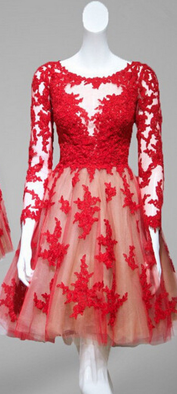 Elegant A-line Homecoming Dress,long Sleeves Red Homecoming Dress, Lace Homecoming Dresses