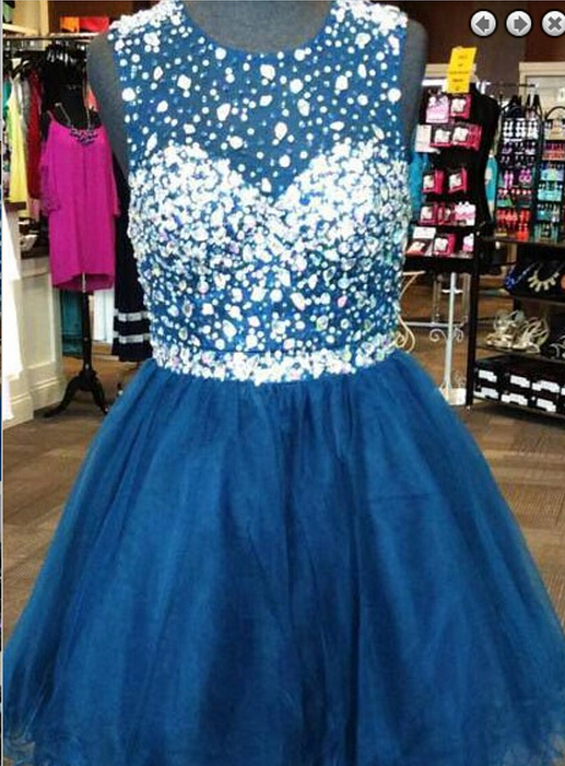 Beaded Scoop A-line Homecoming Dress, Backless Short Homecoming Dresses,blue Homecoming Dress