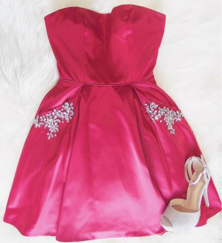 Custom Made Pink Strapless Sweetheart Neckline Short Satin Bridesmaid Dress With Crystal Beaded Pockets