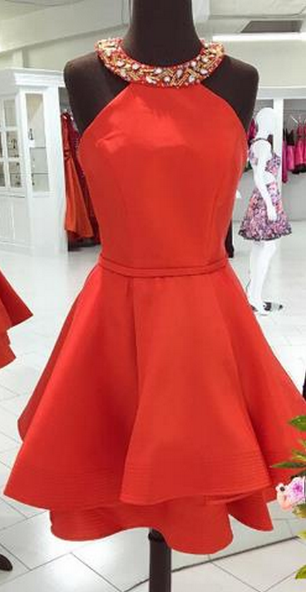 Short Red Homecoming Dress With Jewel Neck