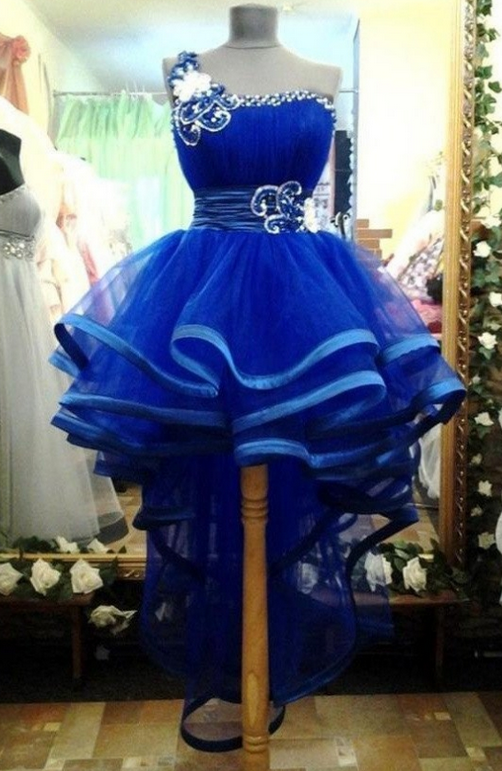 Pretty One Shoulder Royal Blue Tulle Handmade Homecoming Dresses K254