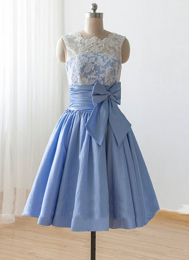Customisable Light Blue Illusion Neckline Lace A-line Knee Length Junior Homecoming Dress, Bridesmaid Dress With Ribbon