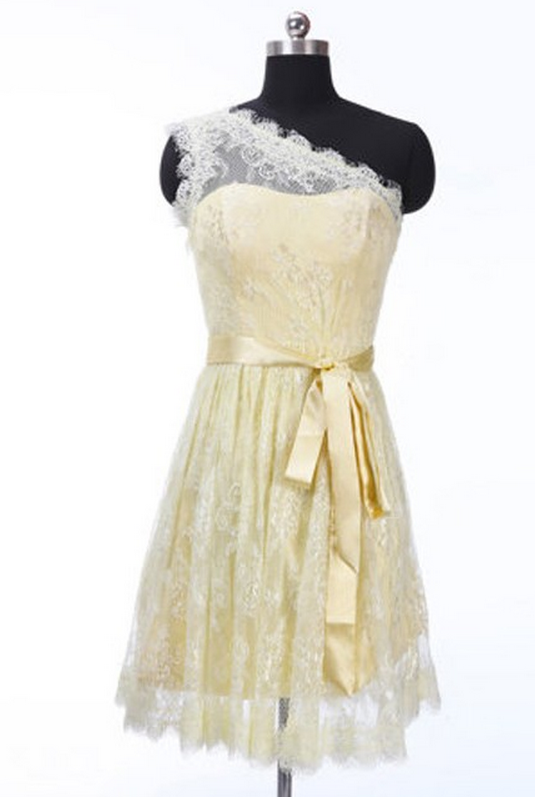 Customisable Yellow One-shoulder Neckline A-line Lace Knee Length Junior Homecoming Dress, Bridesmaid Dress