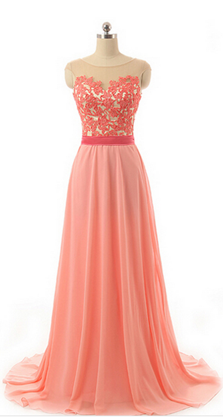 Sleeveless Illusion Bridesmaid Dress With Lace Appliques, Watermelon Chiffon Bridesmaid