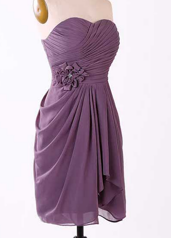 Grape Bridesmaid Dresses With Hand-made Flowers, Short Chiffon Bridesmaid Dress With Ruched Bust, Cute