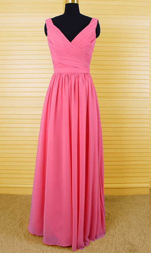 Pink V-neckline Ruched Chiffon Floor Length Prom Dress, Bridesmaid Dress