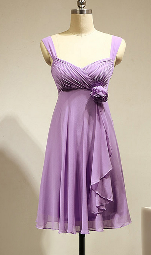 Empire Lavender Bridesmaid Dress With A Hand-made Flower, Short Chiffon Bridesmaid Dress, Fashion Bridesmaid