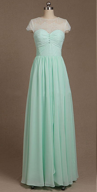 Beautiful Illusion Bridesmaid Dresses, Short Sleeve Chiffon Bridesmaid Dresses, Mint Green Long Bridesmaid Dress,