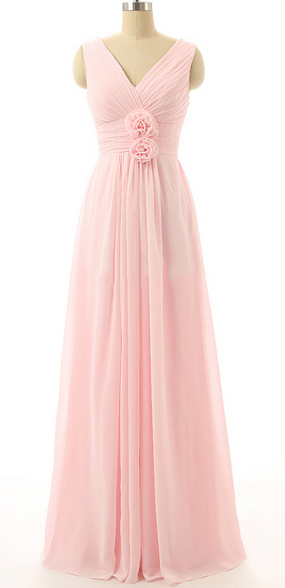V-neck Chiffon Bridesmaid Dresses With Hand-made Flowers, Pink Bridesmaid Dress, Floor-length
