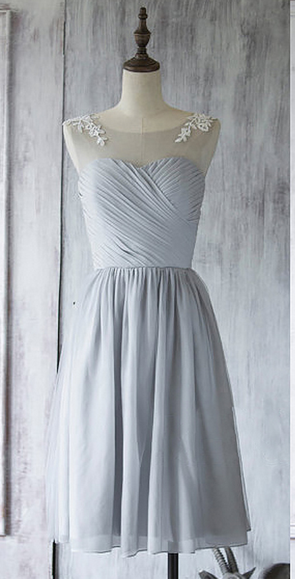 Usion Short Bridesmaid Dress, Light Gray Bridesmaid Gown With Lace Appliques, Knee-length Chiffon Bridesmaid Dress,