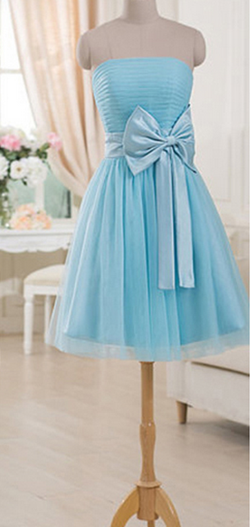 Gorgeous Strapless Short Bridesmaid Dresses, Light Blue Bridesmaid Gown With A Feminine Bow, Mini Bridesmaid