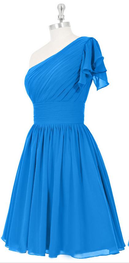 One Shoulder Bridesmaid Dress With Ruffles, Short Gowns For Bridesmaid, Asymmetric Blue Bridesmaid Dress