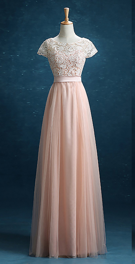 Elegant Short Sleeve Bridesmaid Dress, Floor-length Lace Bridesmaid Gowns, Pink Tulle Bridesmaid Dress