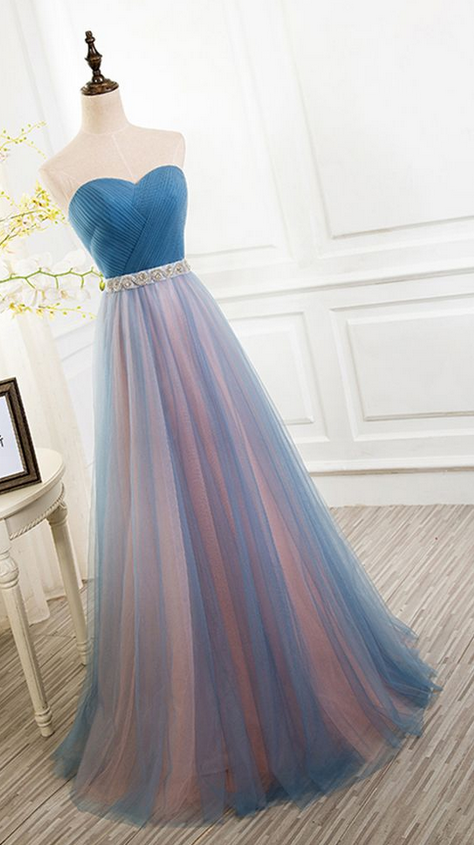 Sweetheart Bridesmaid Dresses, Blue Peach Tulle Strapless Bridesmaid Dresses, Long Bridesmaid Dress