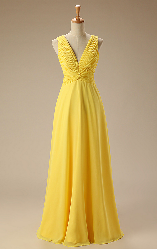 Elegant Bridesmaid Dress Yellow V-neck Chiffon Long Bridesmaid Dresses