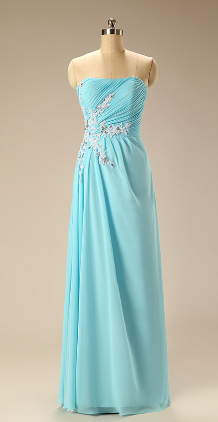 Elegant Turquoise Bridesmaid Dress Strapless With Appliques Chiffon Long Bridesmaid Dresses