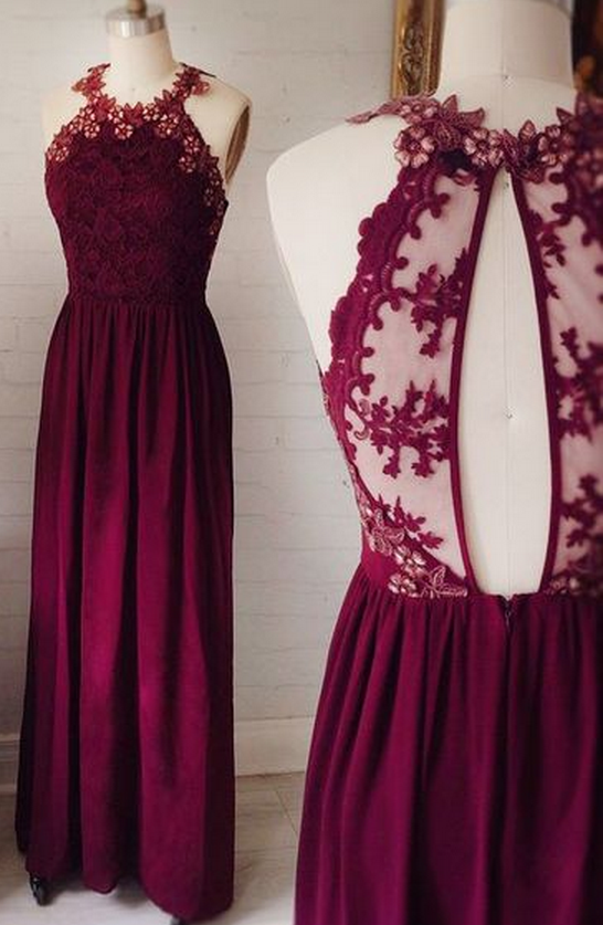 Burgundy Bridesmaid Dress,keyhole Back Lace Bridesmaid Gown,