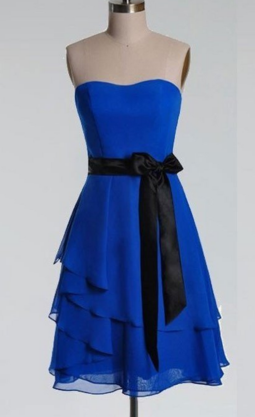 Homecoming Dresses ,a-line Bow Embellished Strapless Sleeveless Knee-length Royal Blue Chiffon With Black Sash Short Bridesmaid Dresses
